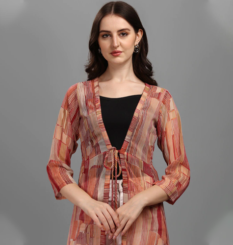 Women Light Brown & Beige Printed Longline Tie-Up Shrug